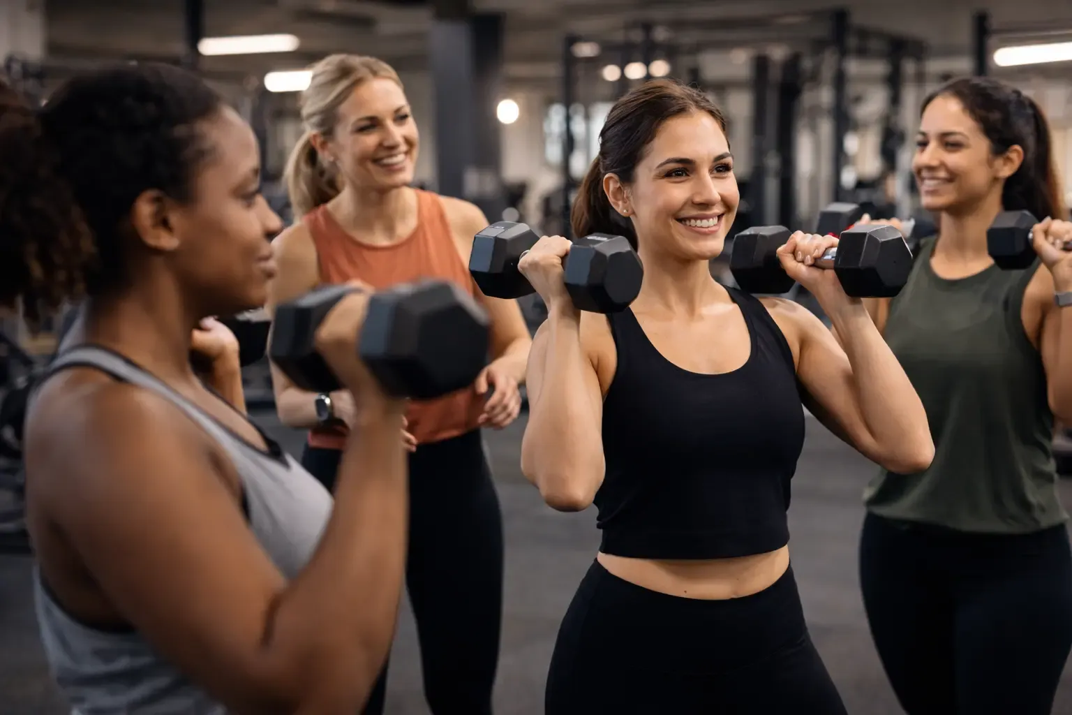 Four people working through a dumbbell shoulder press together in a gym