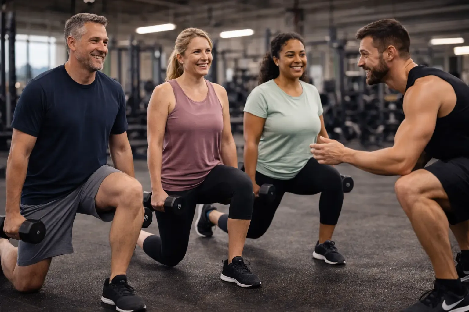 A coach guiding three people through a lunge on a gym floor