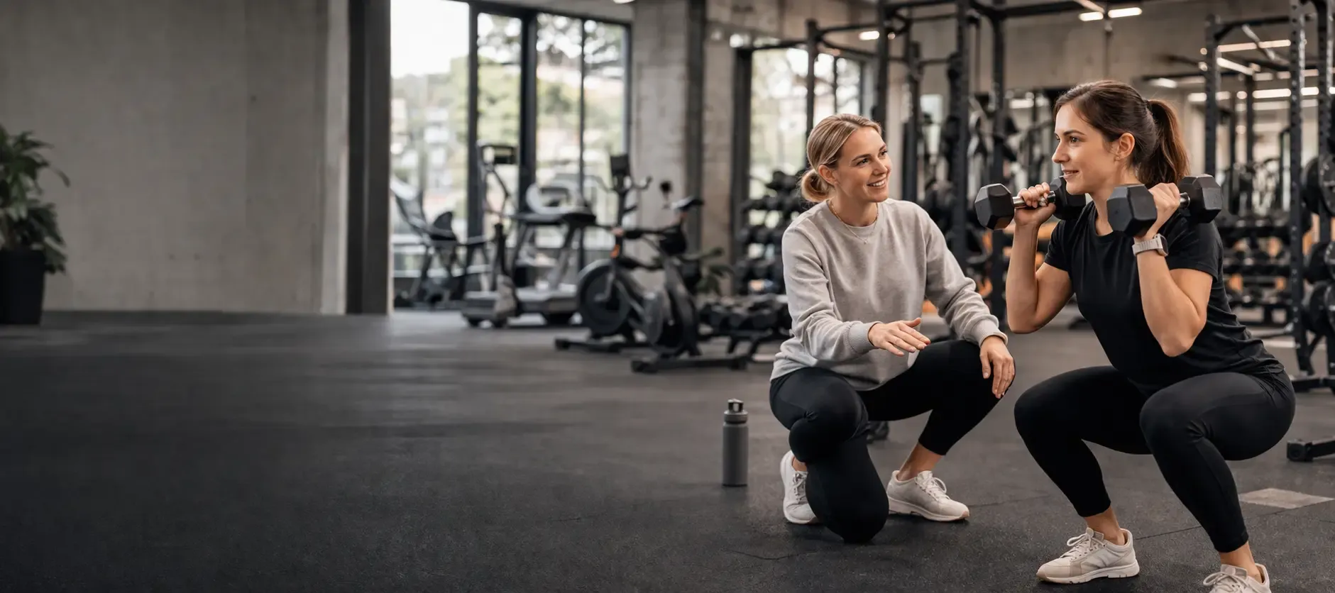 A coach kneeling beside a client mid-set in a wide, quiet gym