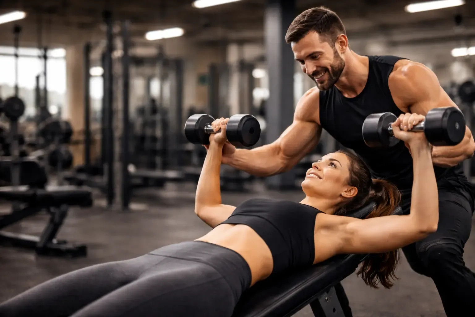 A trainer spotting a client through a dumbbell press on a bench