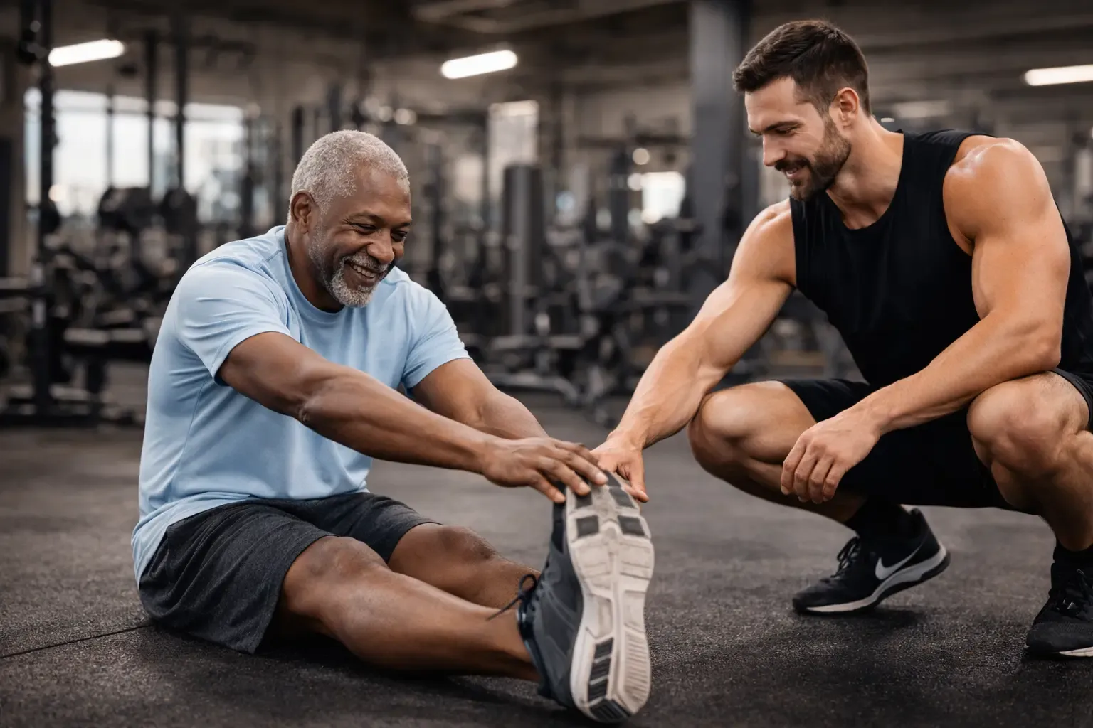 A trainer talking an older client through a seated hamstring stretch