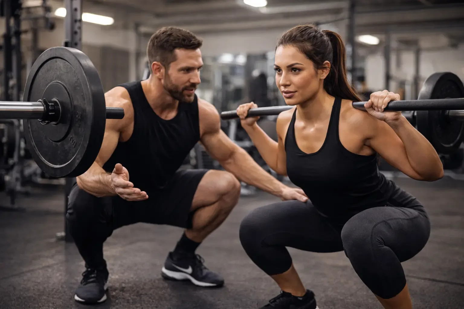 A trainer coaching a client through a barbell back squat